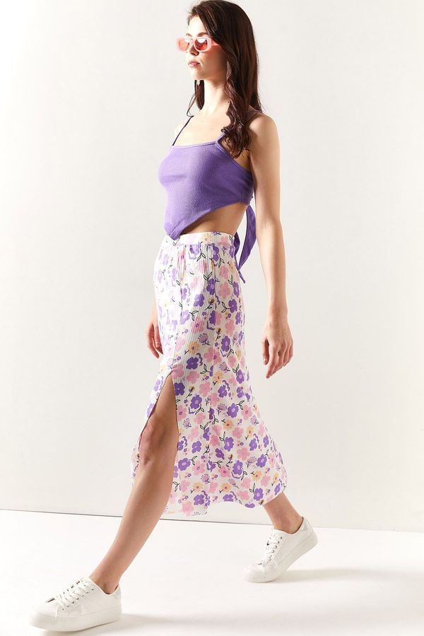 Olalook Olalook Women's Lilac Powder Slit Patterned Midi Skirt