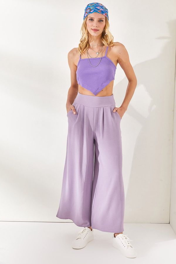Olalook Olalook Women's Lilac Zippered Side Pockets, Pleat Detailed Flowy Trousers