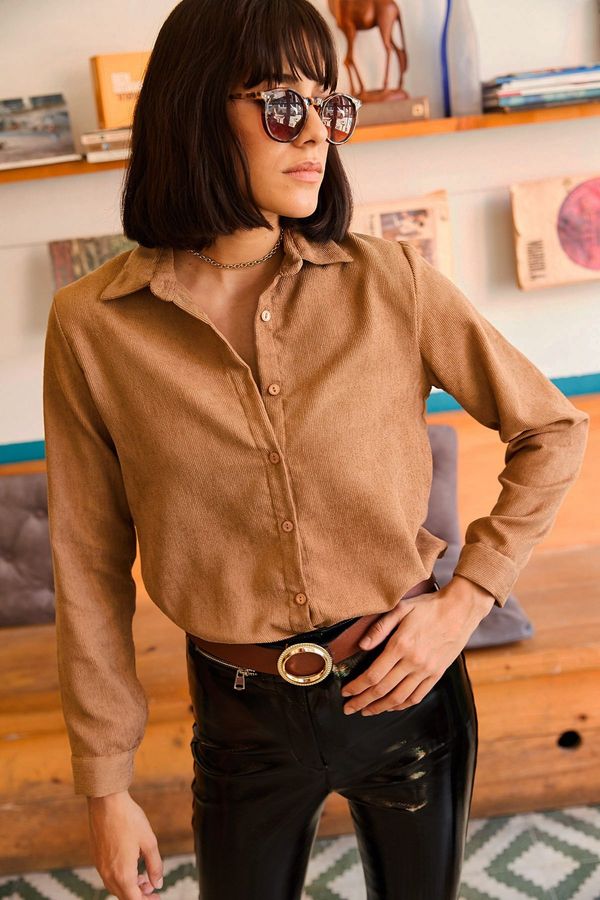 Olalook Olalook Women's Milk Brown Slim Corduroy Corduroy Shirt