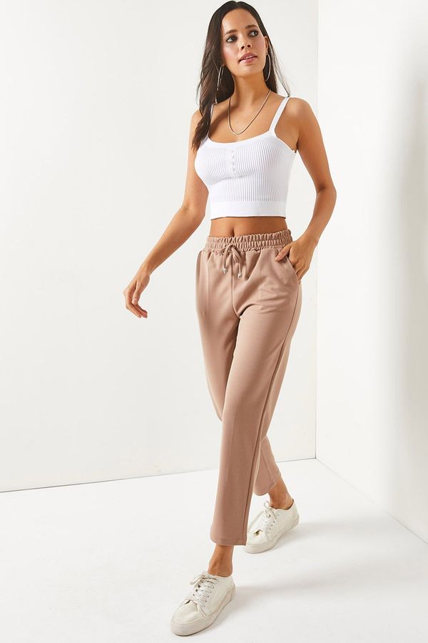 Olalook Olalook Women's Milk Brown Waist Elastic Pocket Carrot Trousers