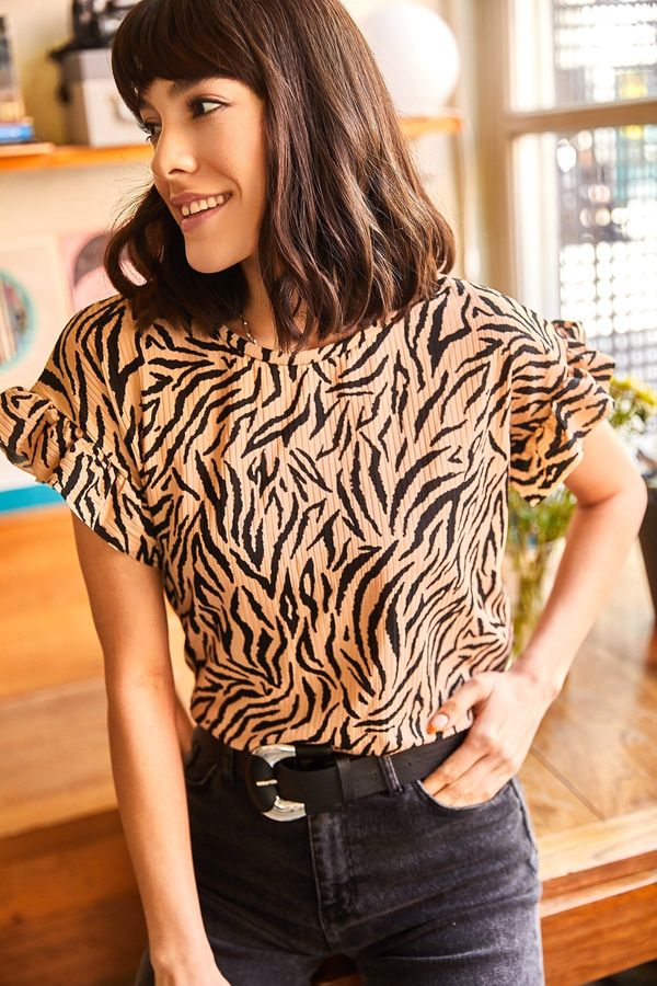 Olalook Olalook Women's Mink Zebra Sleeve Frilly Camisole T-Shirt