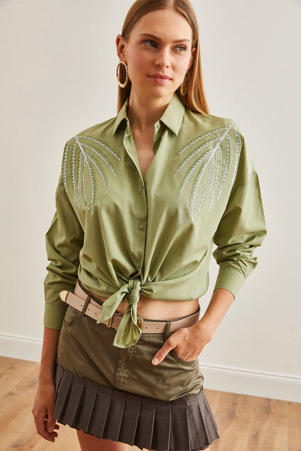 Olalook Olalook Women's Mold Green Palm Tree Detailed Woven Shirt