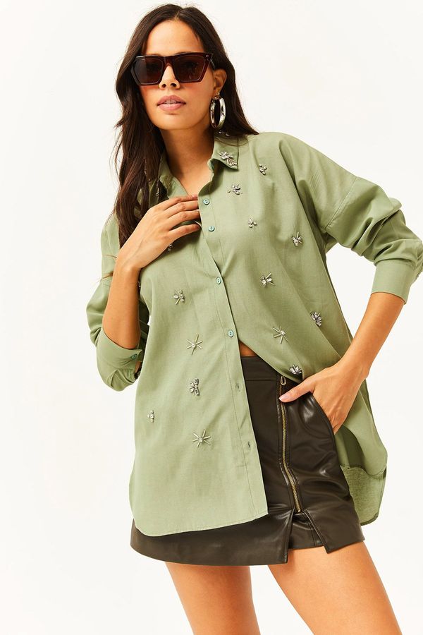 Olalook Olalook Women's Mustard Green Six Oval Woven Shirt with Stones on the Collar and Front