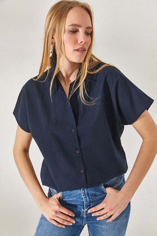 Olalook Olalook Women's Navy Blue Bat Oversized Linen Shirt