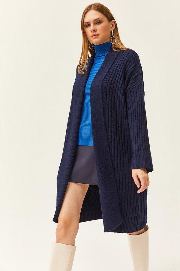Olalook Olalook Women's Navy Blue Shawl Collar Soft Textured Knitwear Cardigan