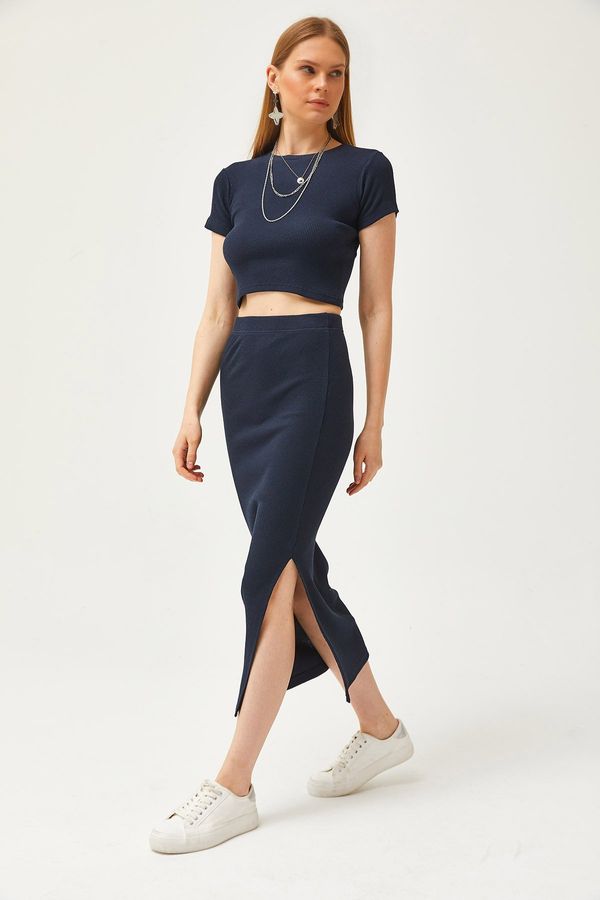 Olalook Olalook Women's Navy Blue Short Sleeve Slit Skirt Lycra Suit