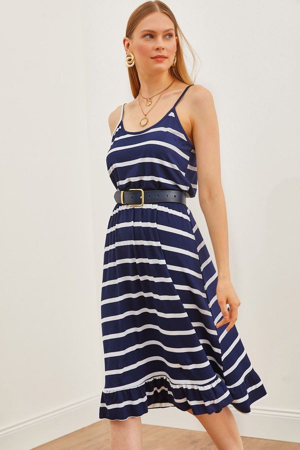 Olalook Olalook Women's Navy Blue Striped Thin Strap Elastic Waist Knitted Viscose Dress