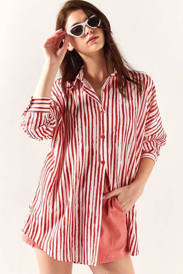 Olalook Olalook Women's Orange Asymmetrical Striped Oversized Shirt