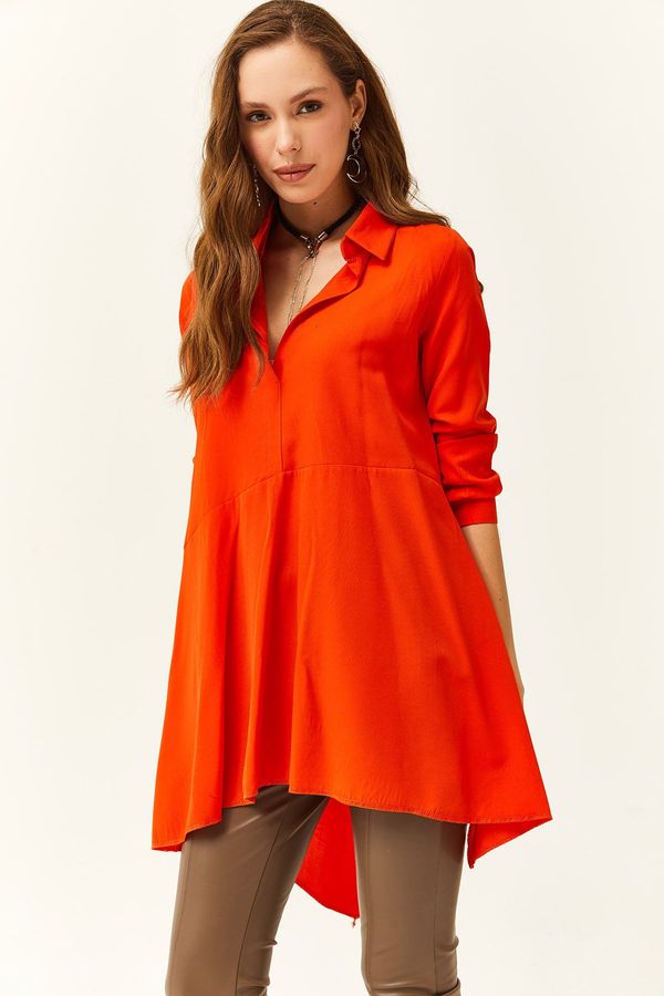 Olalook Olalook Women's Orange Shirt Collar Asymmetrical Tunic