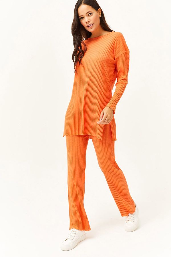 Olalook Olalook Women's Orange Top Slit Blouse Bottom Palazzo Ribbed Suit