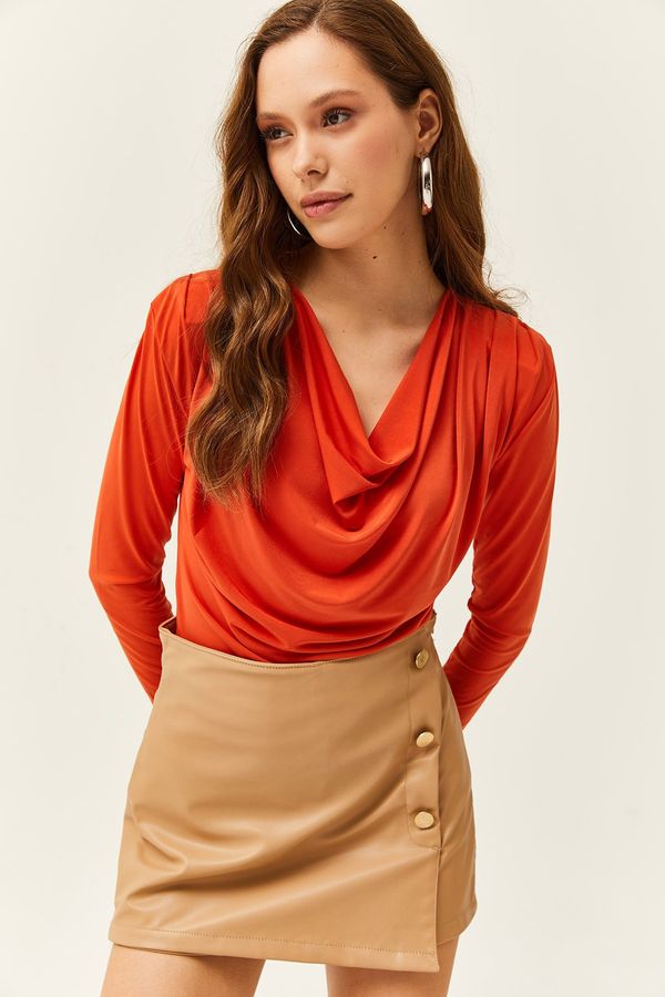 Olalook Olalook Women's Orange Waistband Pleated Roll Up Collar Blouse