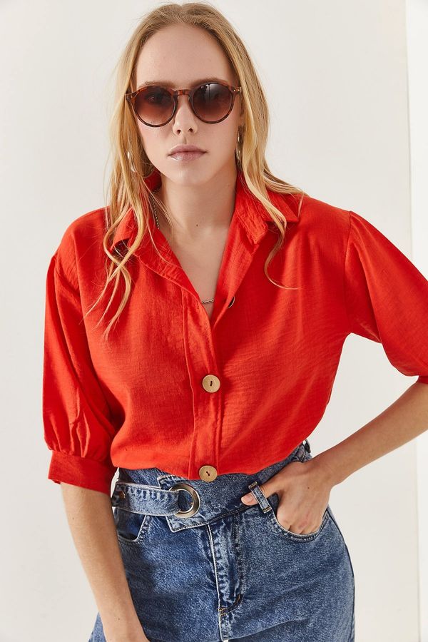 Olalook Olalook Women's Orange Wooden Button Three Quarter Sleeve Linen Shirt