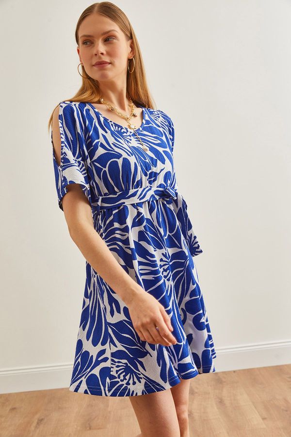 Olalook Olalook Women's Palm Saks Blue Shoulder Decollete Elastic Waist Belted Mini Dress