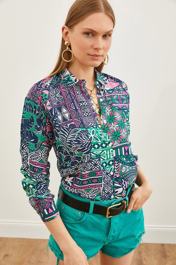 Olalook Olalook Women's Patch Green Patterned Woven Viscose Shirt