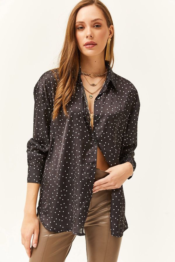 Olalook Olalook Women's Polka Dot Black Patterned Oversize Satin Shirt