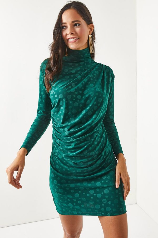 Olalook Olalook Women's Polka Dot Emerald Green Stand-Up Collar Smocking Detail Mini Sandy Dress
