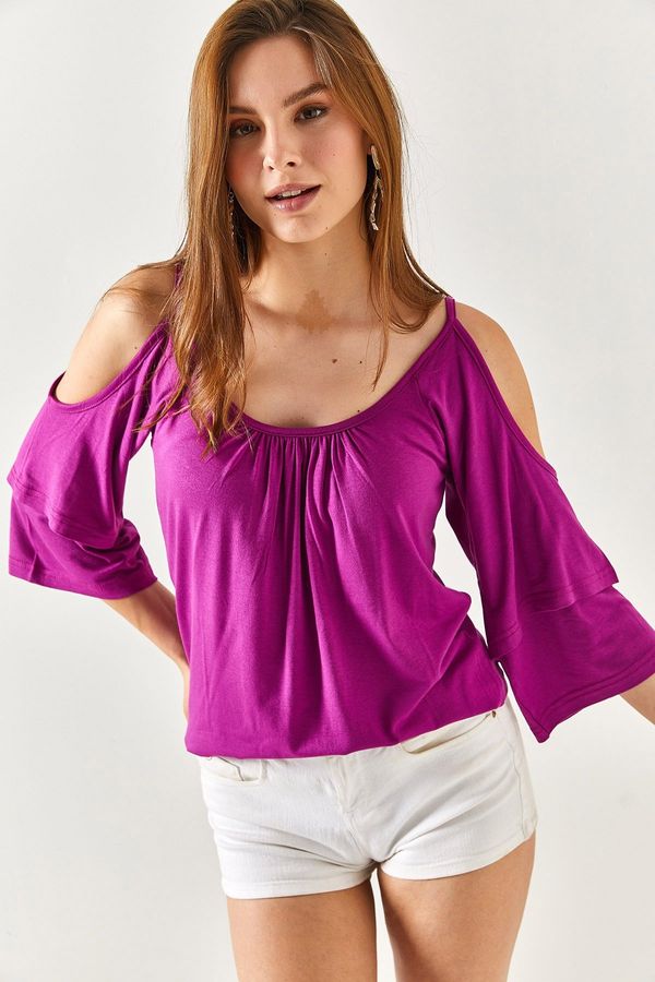 Olalook Olalook Women's Purple Flounce Sleeve Decollete Flowy Blouse