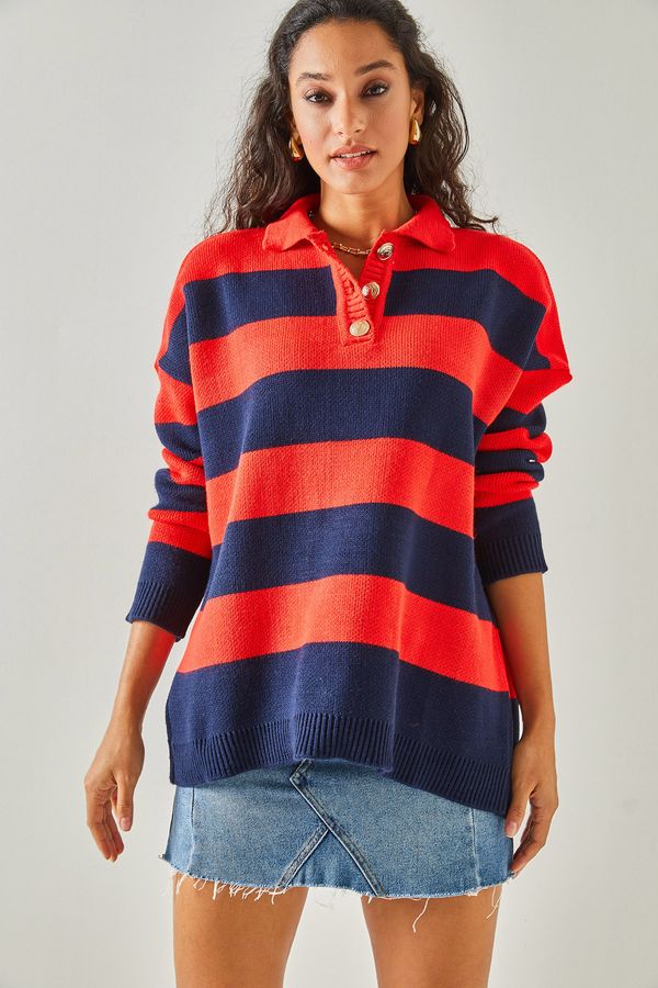 Olalook Olalook Women's Red Navy Blue Polo Neck Striped Buttoned Thick Knitwear Sweater