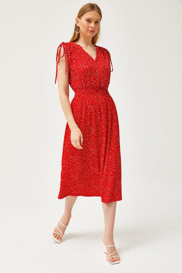 Olalook Olalook Women's Red Shoulder Gathered Waist Gimped Dress