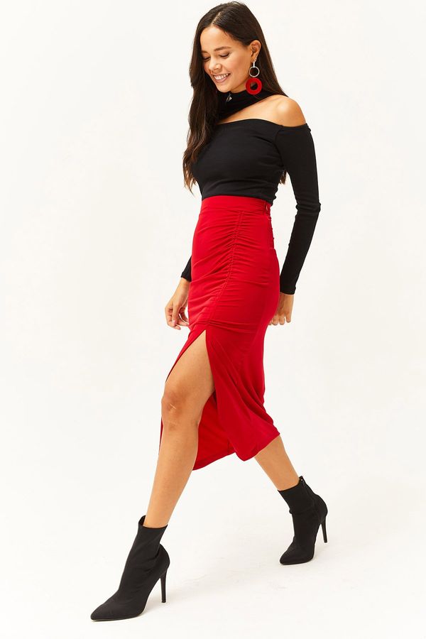 Olalook Olalook Women's Red Slit Draped Detail Zippered Midi Sandy Skirt