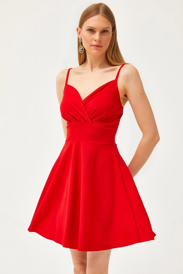 Olalook Olalook Women's Red Strap Double Breasted Collar Flared Dress