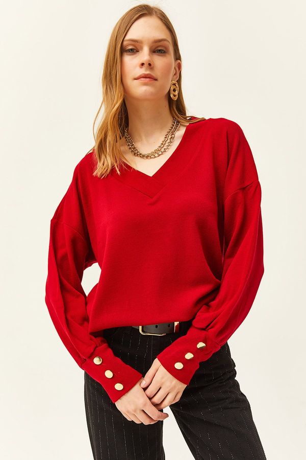 Olalook Olalook Women's Red V-Neck Button Detailed Knitwear Sweater