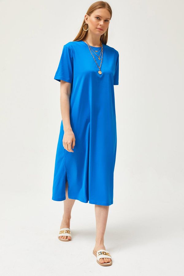 Olalook Olalook Women's Saks Blue Oversize Cotton Dress with Side Slits