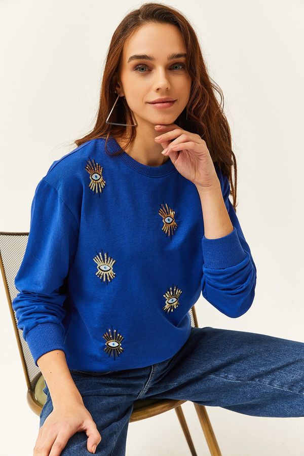 Olalook Olalook Women's Saxe Blue Eye Embroidered Seasonal Sweatshirt