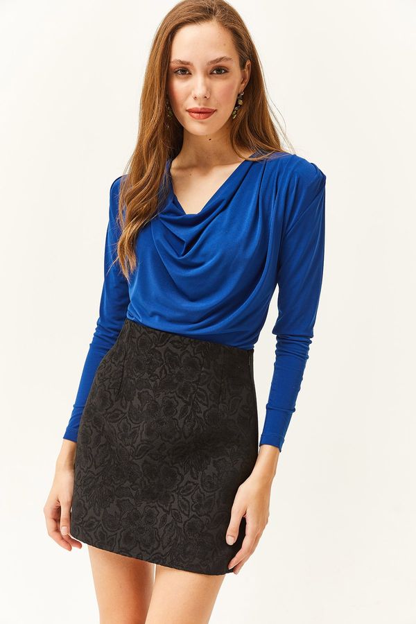 Olalook Olalook Women's Saxe Blue Waistband Pleated Turndown Collar Blouse