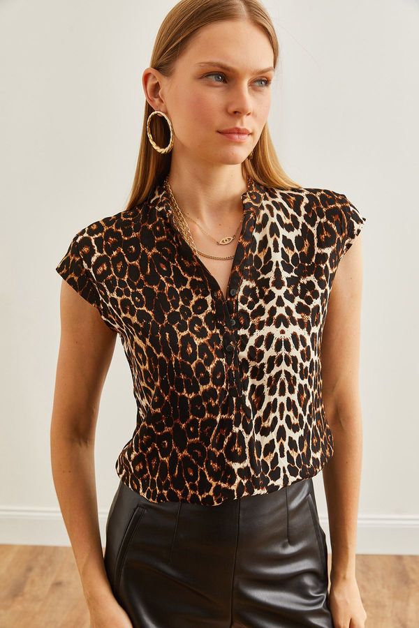 Olalook Olalook Women's Stone Leopard V-Neck 4-Button Viscose Blouse