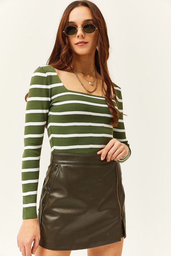 Olalook Olalook Women's Striped Khaki Square Collar Crop Basic Knitwear Blouse