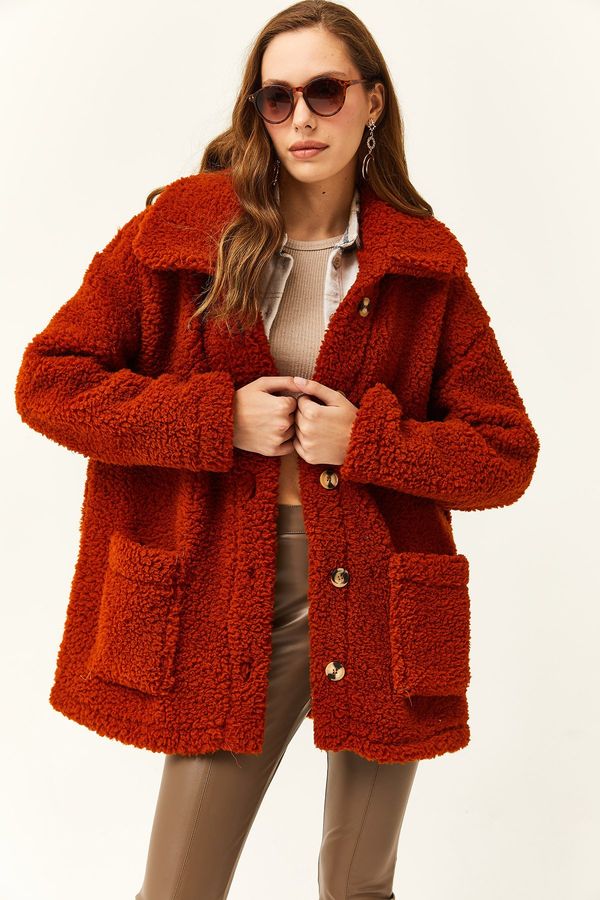 Olalook Olalook Women's Tile Buttoned Pocket Unlined Oversize Plush Jacket