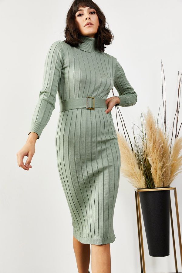 Olalook Olalook Women's Water Green Belted Thick Ribbed Knitwear Dress