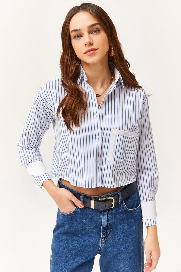 Olalook Olalook Women's White Saxe Blue Pocket and Cuff Detail Striped Crop Shirt