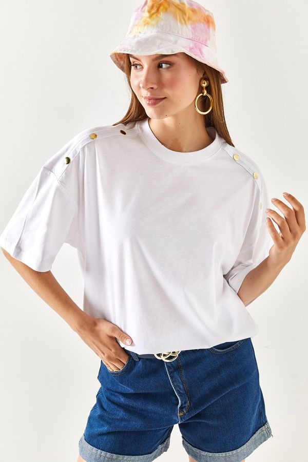 Olalook Olalook Women's White Shoulder Gold Buttoned Cotton T-Shirt