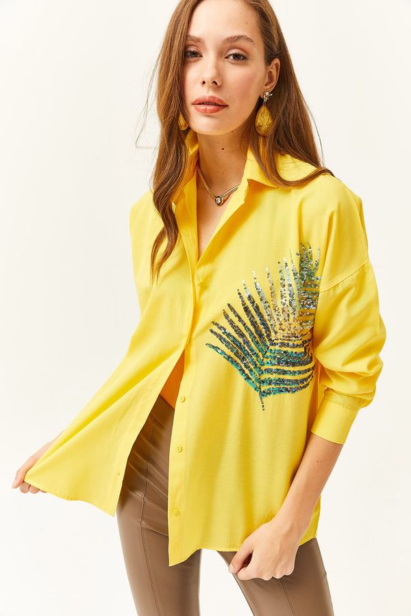 Olalook Olalook Women's Yellow Palm Sequin Detailed Oversize Woven Poplin Shirt