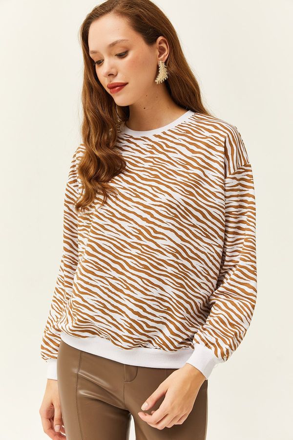 Olalook Olalook Women's Zebra Brown Basic Soft Textured Loose Sweatshirt