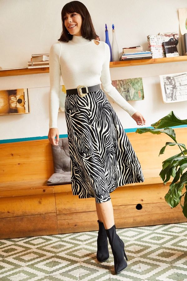 Olalook Olalook ženska zebra crna a-line kožna suknja s elastičnim strukom