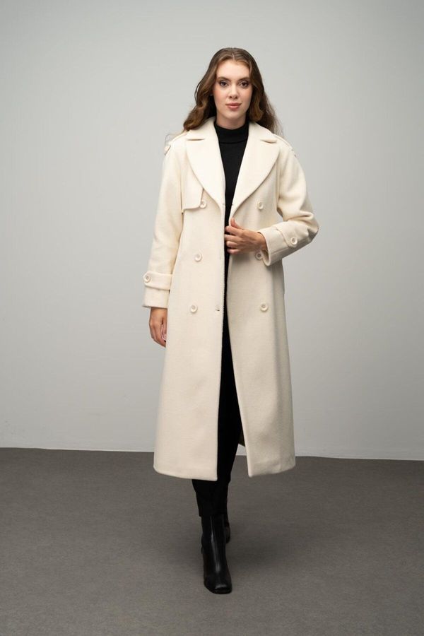 Olcay Olcay Epaulette and Cape Detailed Raglan Sleeve Double Breasted Coat ECRU 3045