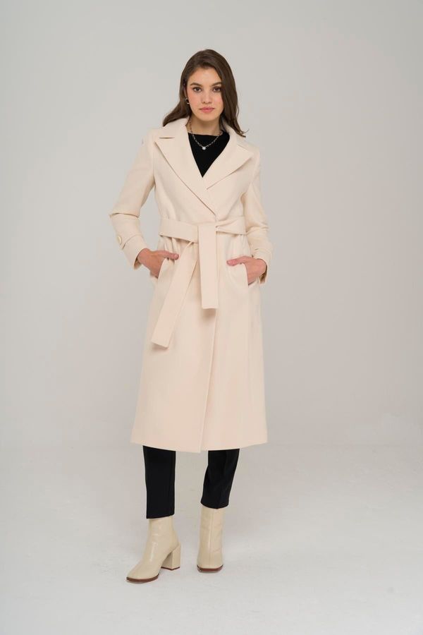 Olcay Olcay With Belt at the Waist, Popsulated Sleeves and Snap Fasteners Mezzanine Coat EKRU 3912