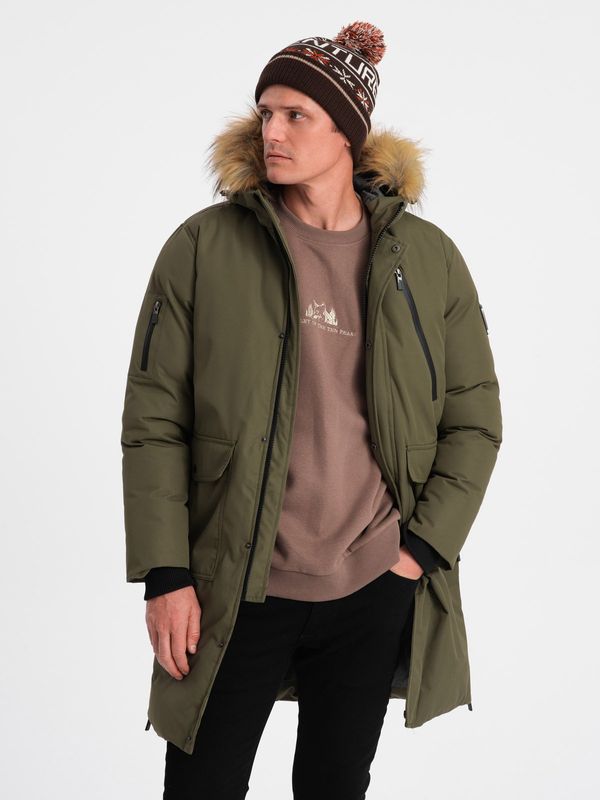 Ombre Ombre Alaskan men's winter jacket with detachable fur from the hood - dark olive green