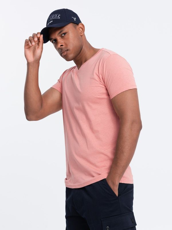 Ombre Ombre BASIC men's classic cotton tee-shirt with a v-neck - pink