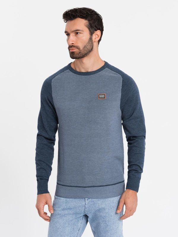 Ombre Ombre Cotton men's sweater with patch and raglan sleeves - navy blue