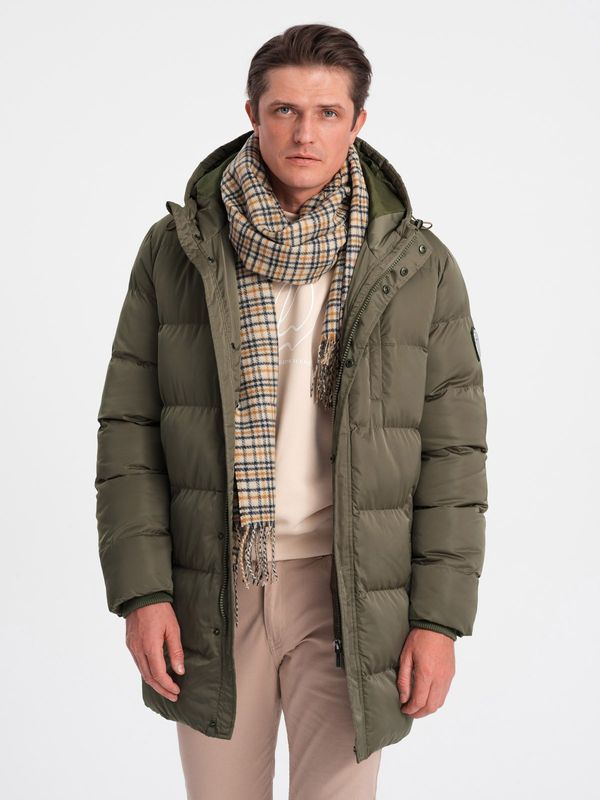 Ombre Ombre Długa zimowa kurtka męska pikowana o satynowym wykończeniu - khaki