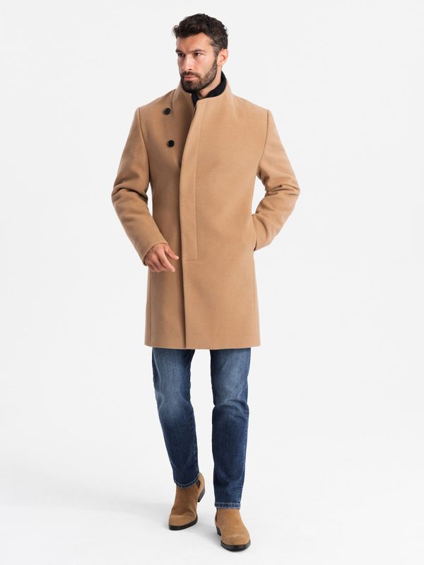 Ombre Ombre Men's coat with asymmetrical fastening and high collar - light brown