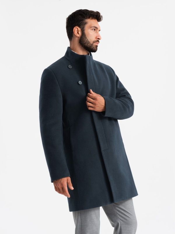 Ombre Ombre Men's coat with asymmetrical fastening and high collar - navy blue