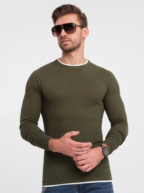 Ombre Ombre Men's cotton sweater with round neckline - dark olive