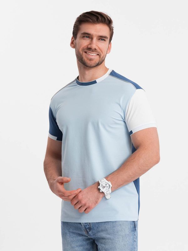 Ombre Ombre Men's elastane t-shirt with colored sleeves - blue