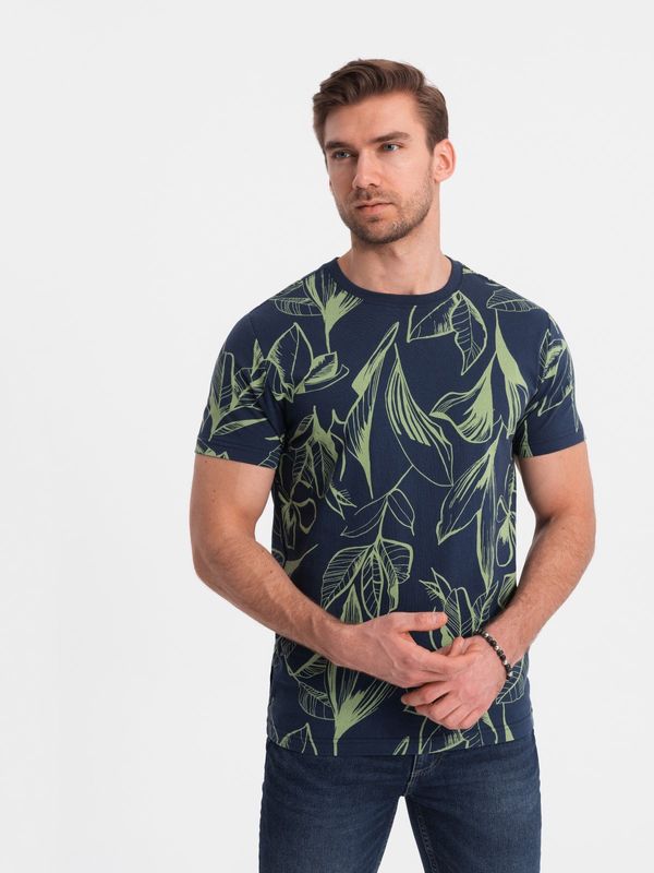 Ombre Ombre Men's full-print t-shirt in contrasting leaves - navy blue