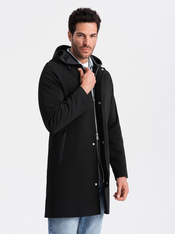 Ombre Ombre Men's hooded coat in fine pinstripe - black